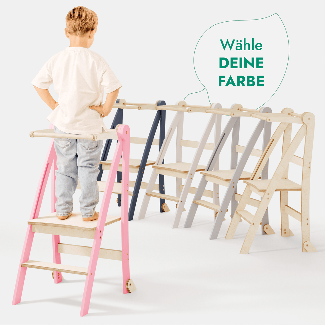 Holz Lernleiter Montessori: Multifunktionaler, klappbarer Lernturm für Kinder – Rosa - Goodevas DE