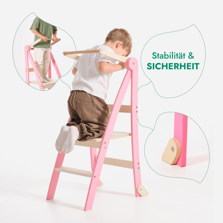 Holz Lernleiter Montessori: Multifunktionaler, klappbarer Lernturm für Kinder – Rosa - Goodevas DE