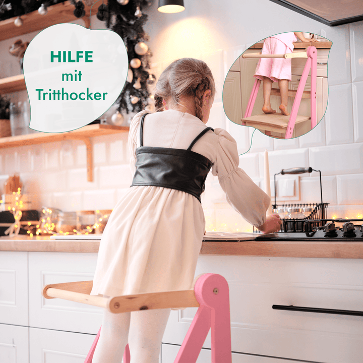 Holz Lernleiter Montessori: Multifunktionaler, klappbarer Lernturm für Kinder – Rosa - Goodevas DE