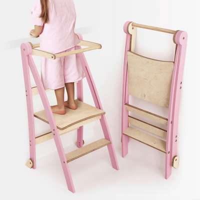 Holz Lernleiter Montessori: Multifunktionaler, klappbarer Lernturm für Kinder – Rosa