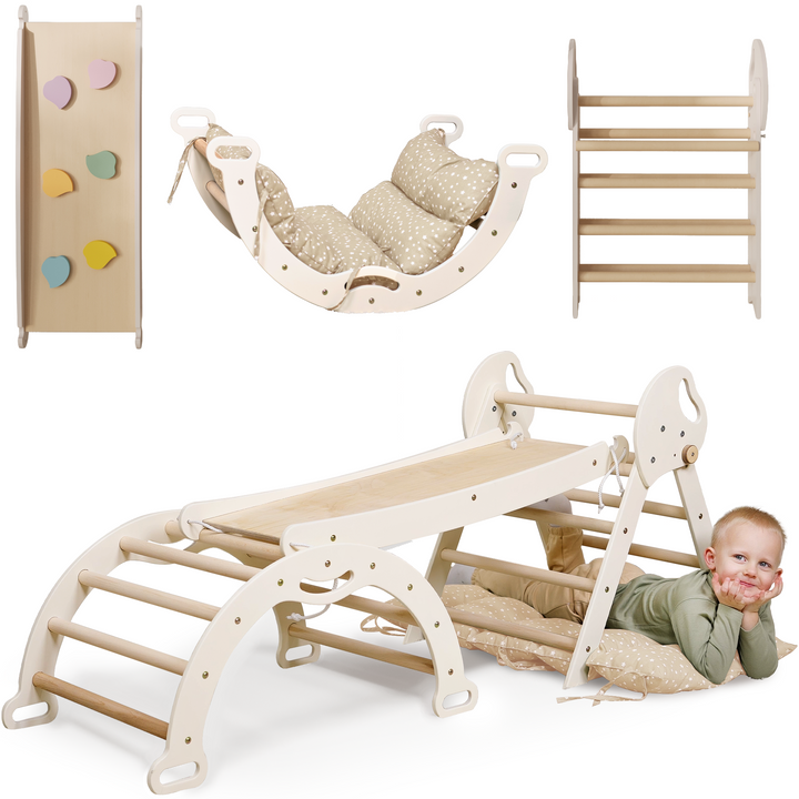 Montessori 4-in-1 Kletterdreieck für Babys: Pikler-Dreieck, Kletterbogen, Rutschbrett und Kissen für Kleinkinder (1–3 Jahre)