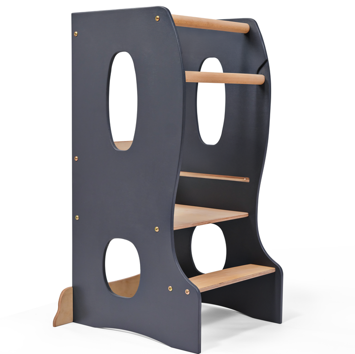 Stabiler Montessori Lernturm: Mitwachsender Kinderstuhl aus Holz – Grau