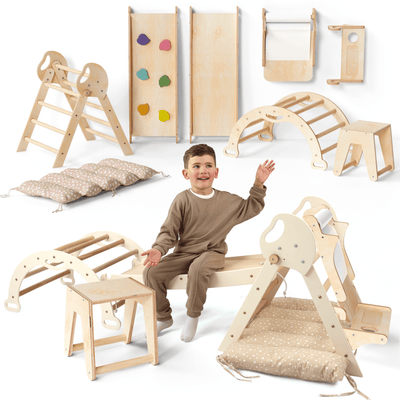 Montessori 5in1 Kletterdreieck für Babys: Pikler-Dreieck, Kletterbogen, Kunst-Erweiterung ,Rutschbrett und Kissen für Kleinkinder (1–3 Jahre)