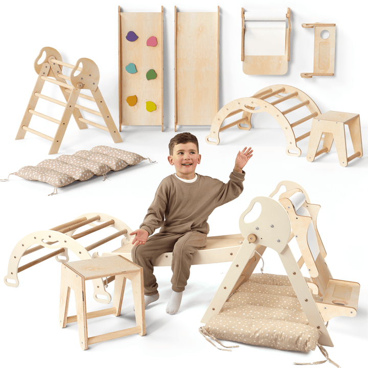 Montessori 5in1 Kletterdreieck für Babys: Pikler - Dreieck, Kletterbogen, Kunst - Erweiterung ,Rutschbrett und Kissen für Kleinkinder (1–3 Jahre) - Goodevas DE