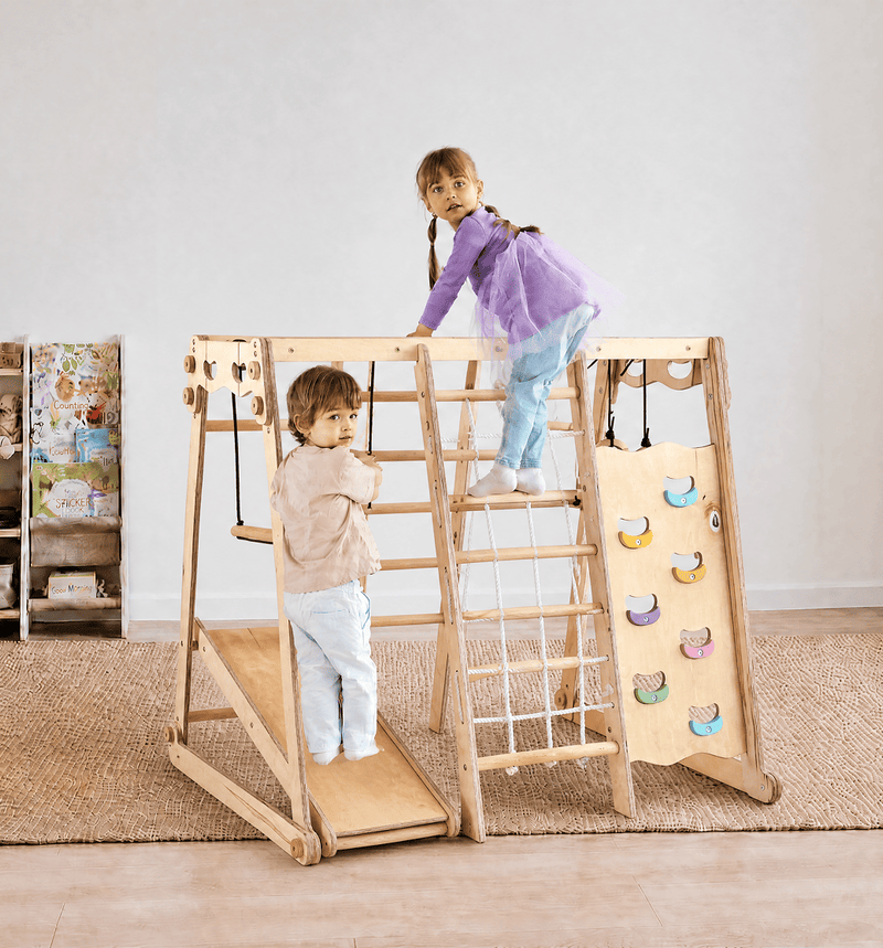 6in1 Indoor-Spielplatz aus Holz für Kinder –  Schaukel, Rutsche, Seil und Treppe