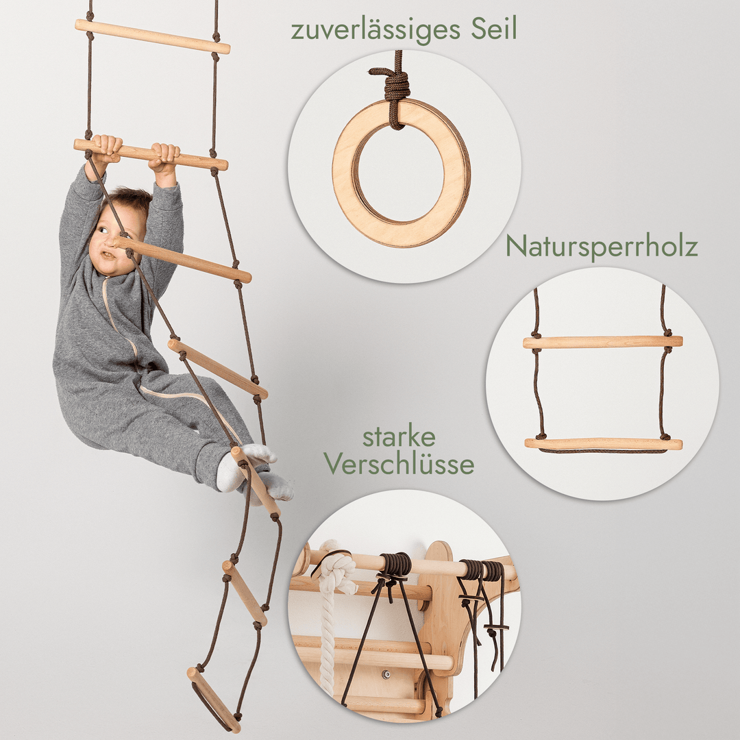 Set aus drei Schaukeln: Scheibe + Ringe + Strickleiter - Goodevas Deutschland