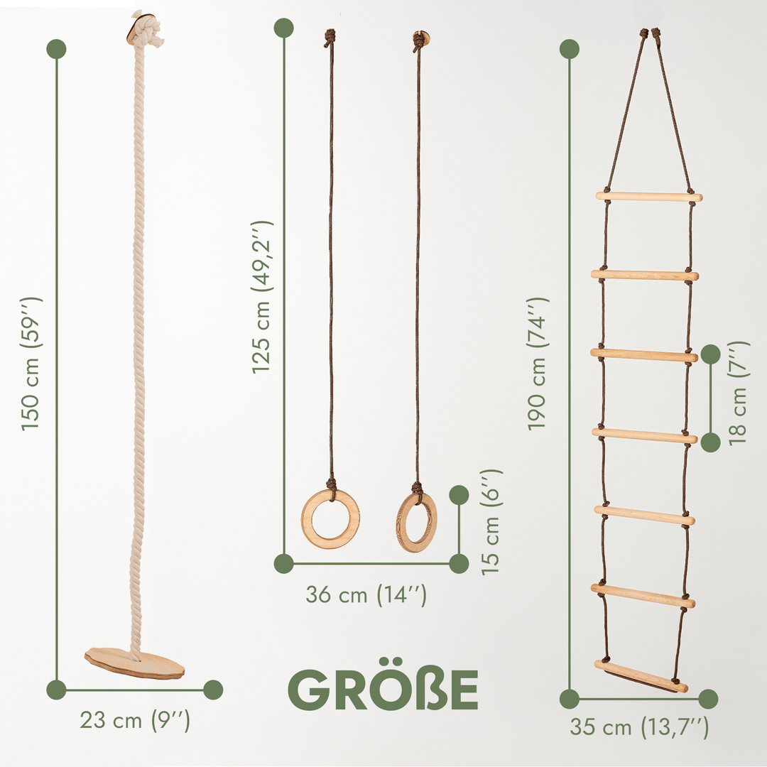 Set aus drei Schaukeln: Scheibe + Ringe + Strickleiter - Goodevas Deutschland