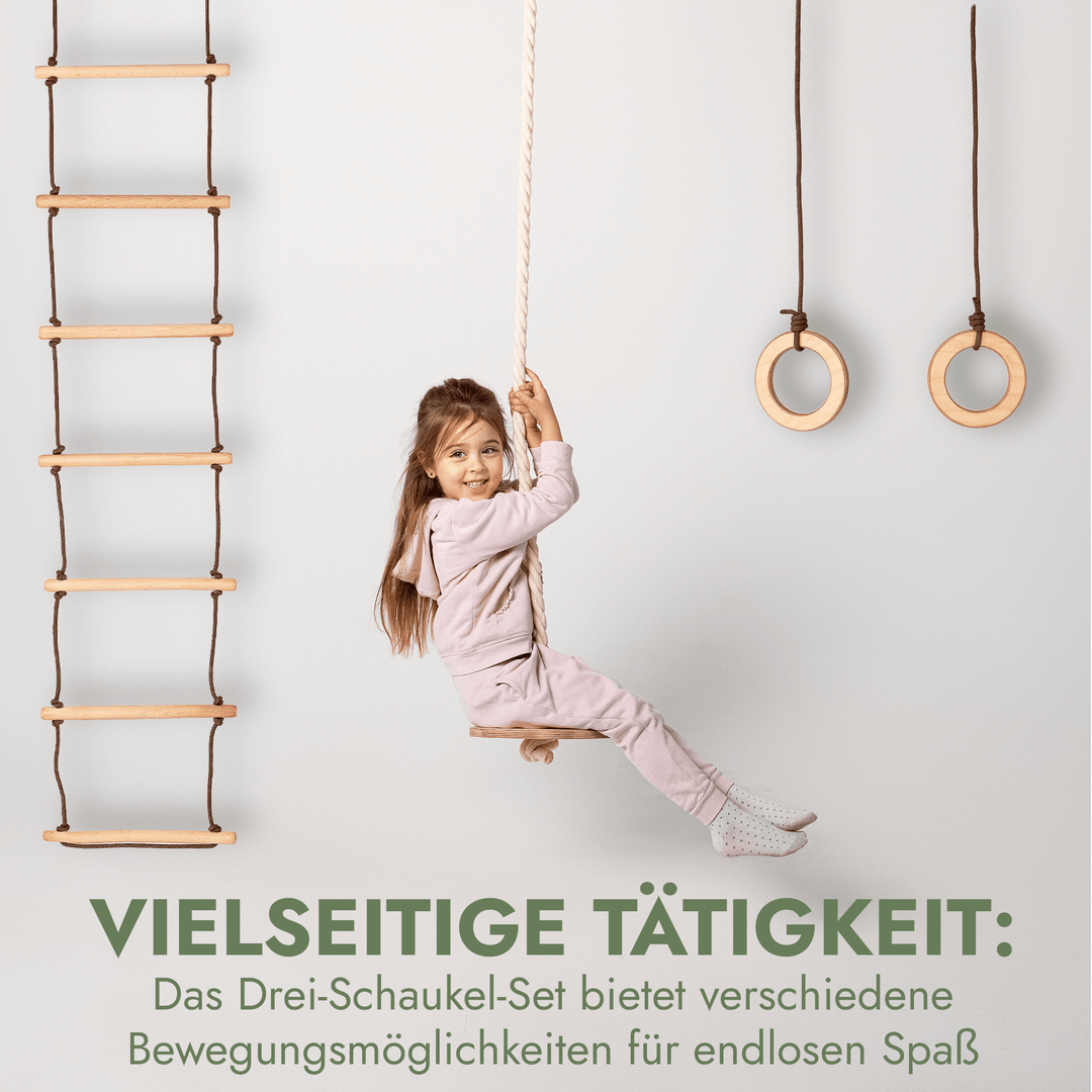 Set aus drei Schaukeln: Scheibe + Ringe + Strickleiter - Goodevas Deutschland