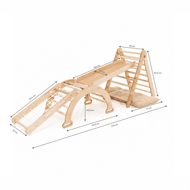 4in1 Montessori Climbing Set: Triangle Ladder + Climbing Arch + Sliding Board + Cushion – Beige