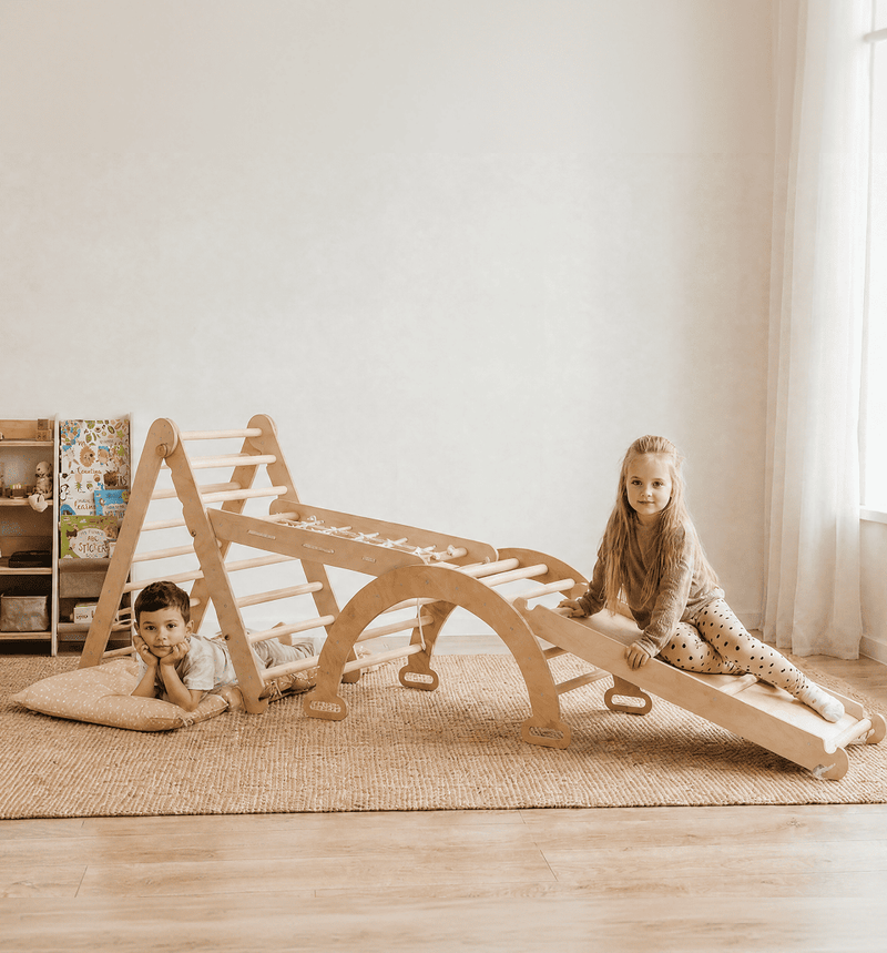 4in1 Montessori Climbing Set: Triangle Ladder + Climbing Arch + Sliding Board + Cushion – Beige