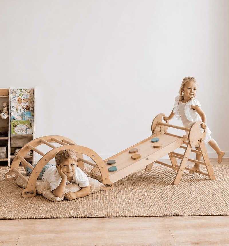 4in1 Montessori Climbing Set: Pikler Triangle, Arch, Slide Board, and Cushion for Toddlers (1–3 Years)