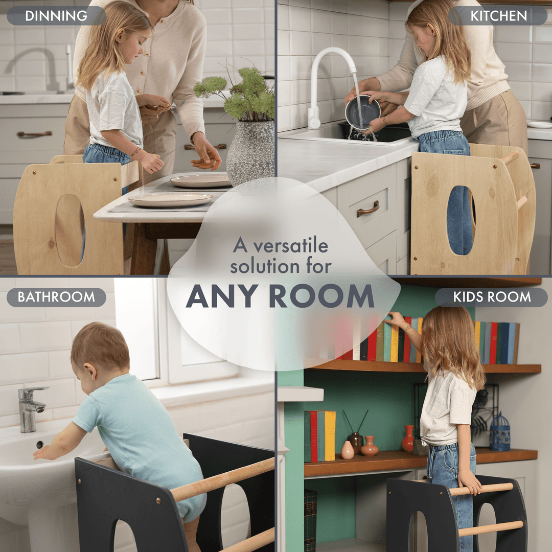 Stabiler Montessori Lernturm: Mitwachsender Kinderstuhl aus Holz – Beige - Goodevas Deutschland