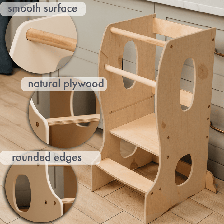 Stabiler Montessori Lernturm: Mitwachsender Kinderstuhl aus Holz – Beige - Goodevas Deutschland