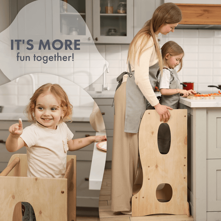 Stabiler Montessori Lernturm: Mitwachsender Kinderstuhl aus Holz – Beige - Goodevas Deutschland