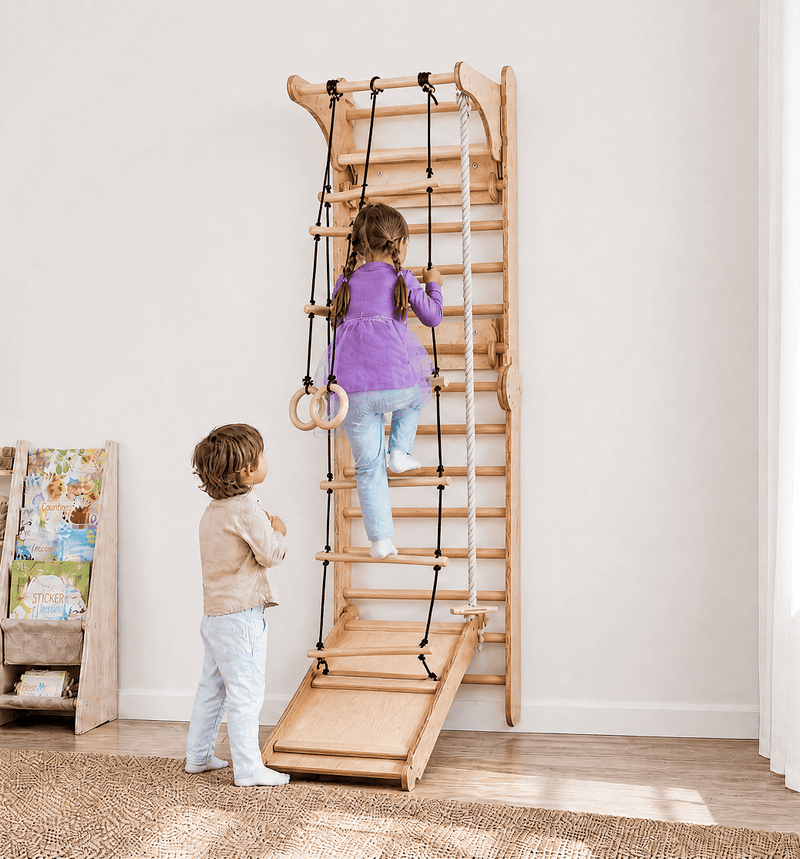 6in1 Montessori Climbing Frame Set: Triangle Ladder + Arch/Seesaw + Slide/Ramp + Net + Cushion + Art Accessory