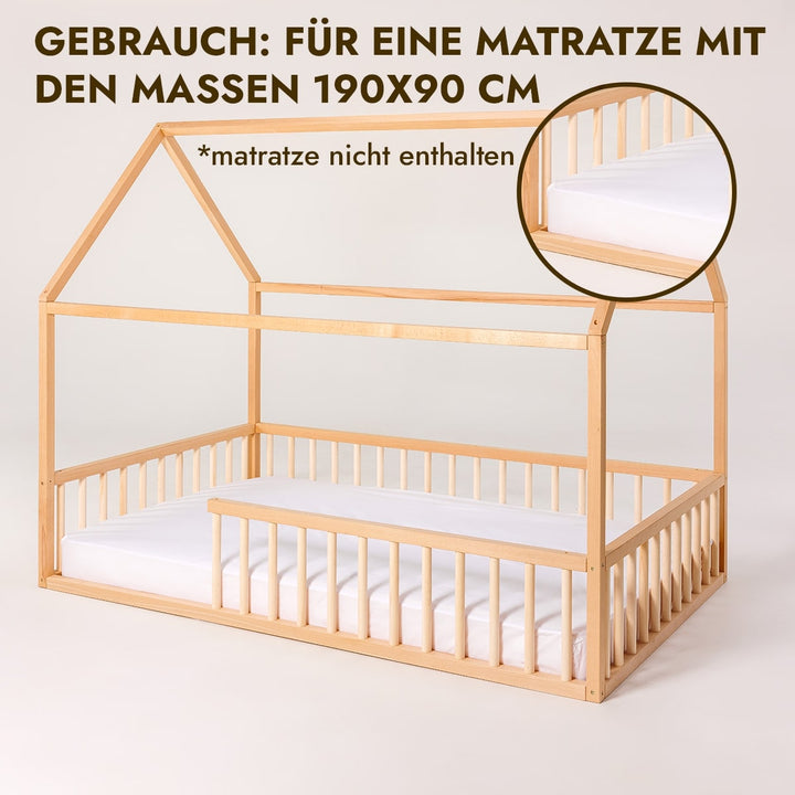 Twin Size Montessori House Bed for Kids with Fence (200х120 cm) - Goodevas